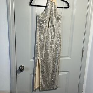 Fashion Nova Silver Sequin Midi Dress